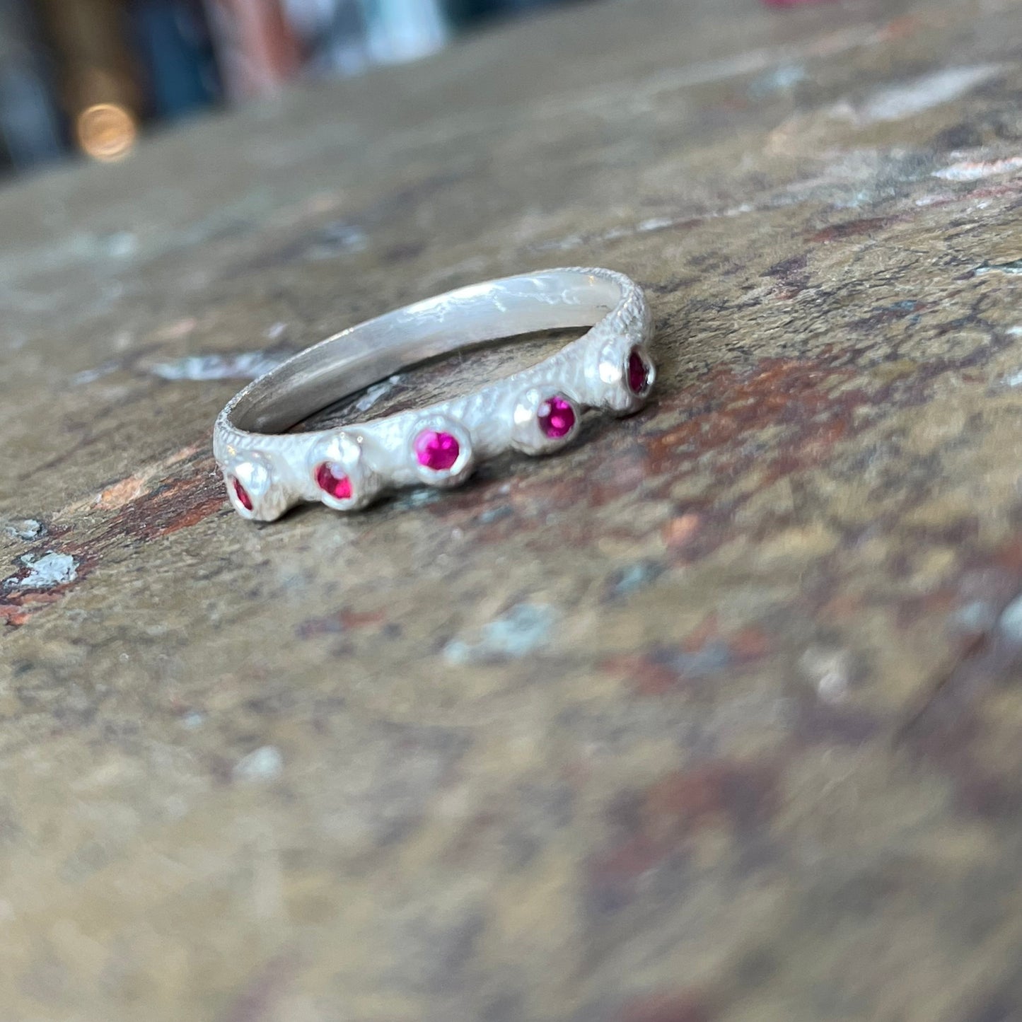 Bright Silver 5 Stone Barnacle Ring - Ruby