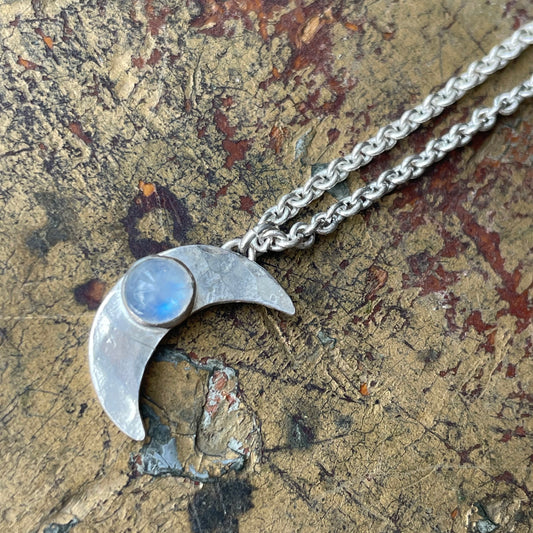 Crescent moon pendant with Rainbow Moonstone