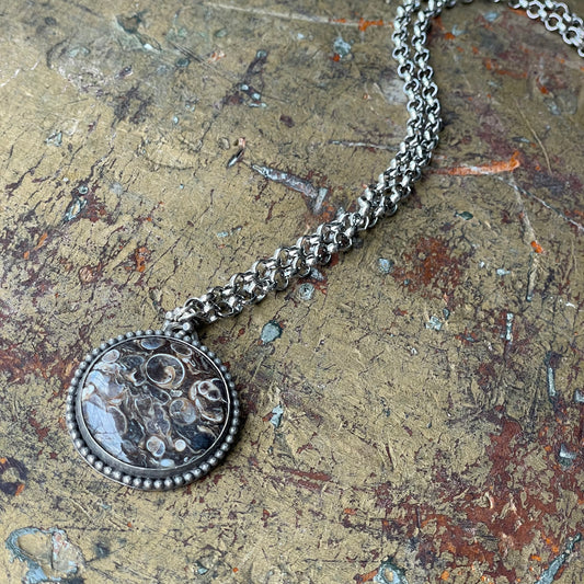 Round Fossilized Shell Pendant Necklace