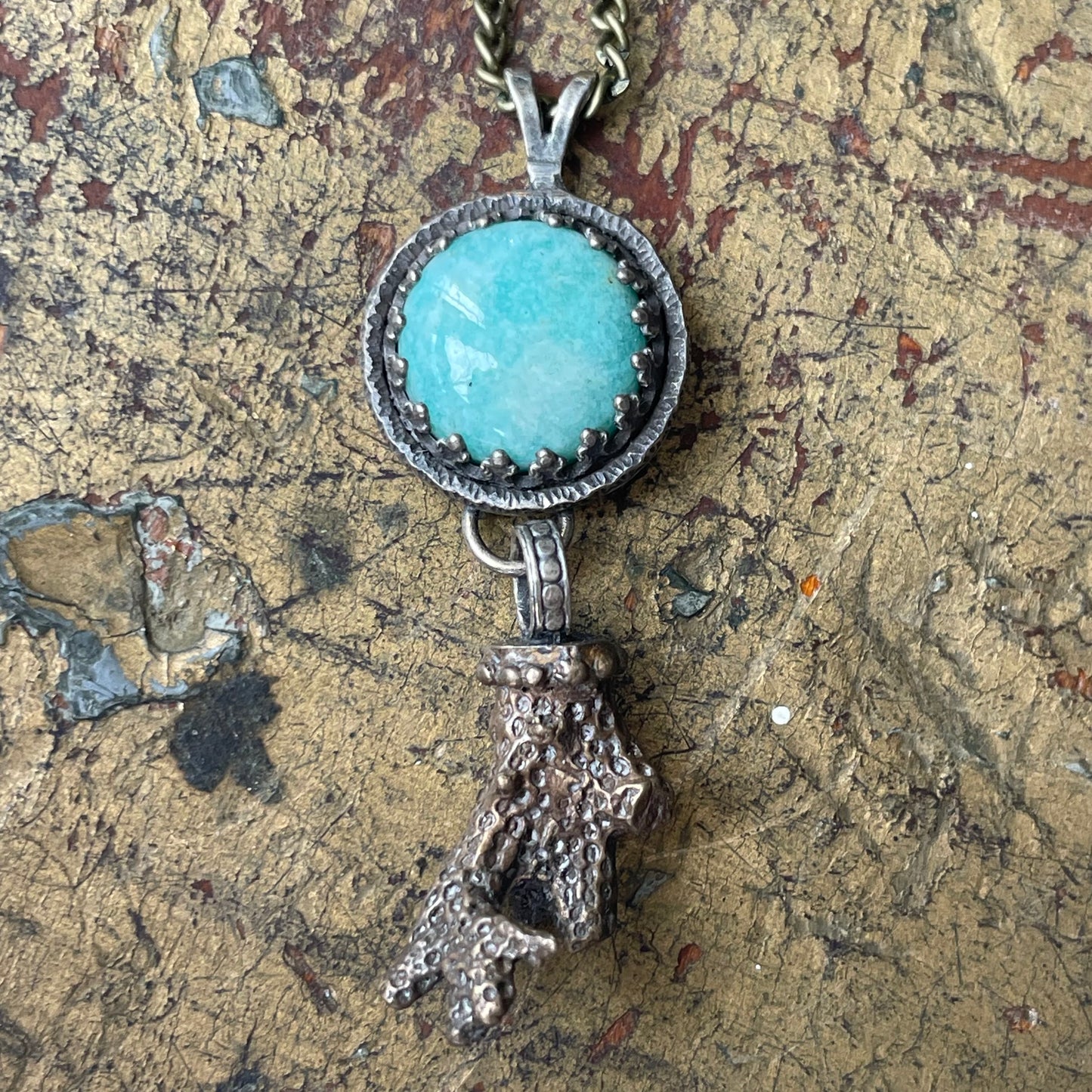 Amazonite and Bronze Coral Pendant Necklace