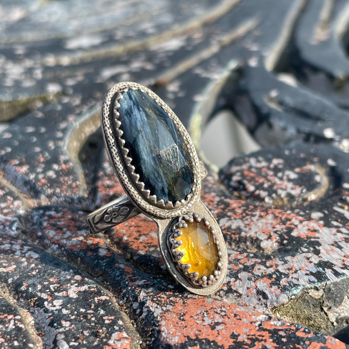 Pietersite and Citrine Statement Ring