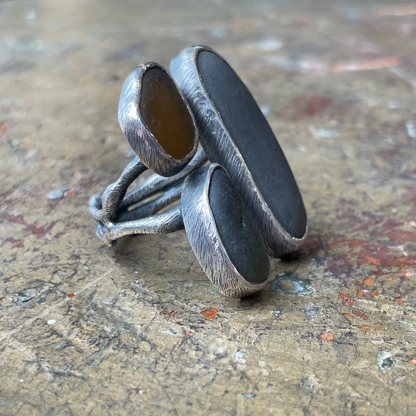 Seaglass and Beach Stone Statement Ring