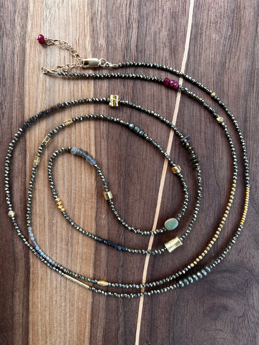 Guber Industrial Pyrite Long Convertible Necklace or Wrap Bracelet 22k Gold
