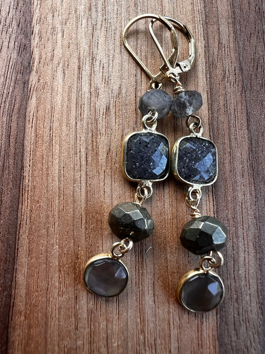Labradorite and Black Sunstone Dangle Earrings