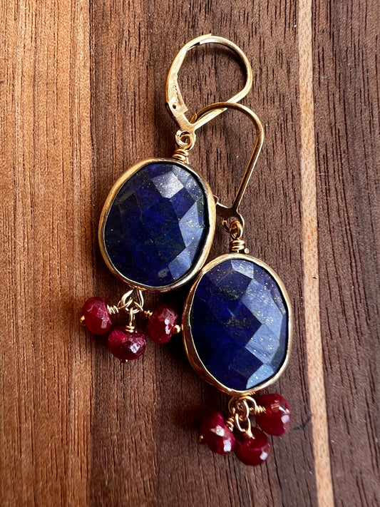 Lapis Oval and Rubies Dangle Earrings