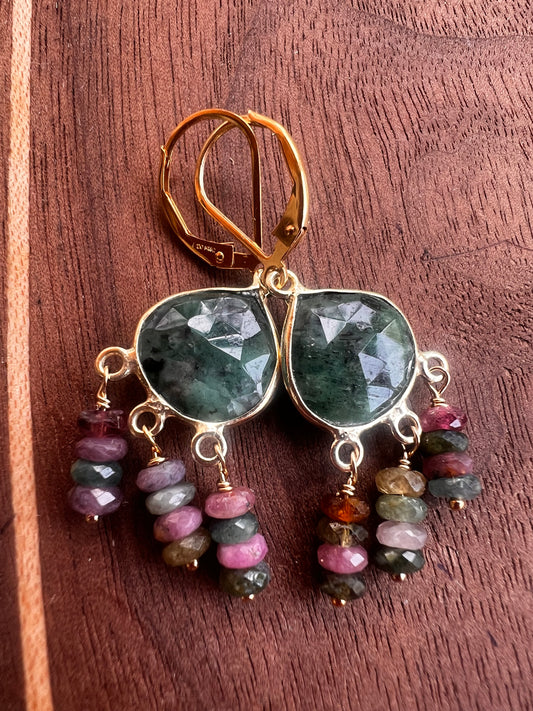 Emerald Dangle Earring with Tourmaline