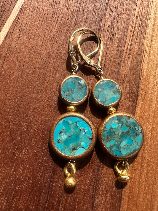 Double Blue Turquoise Drop Earrings 22k Gold