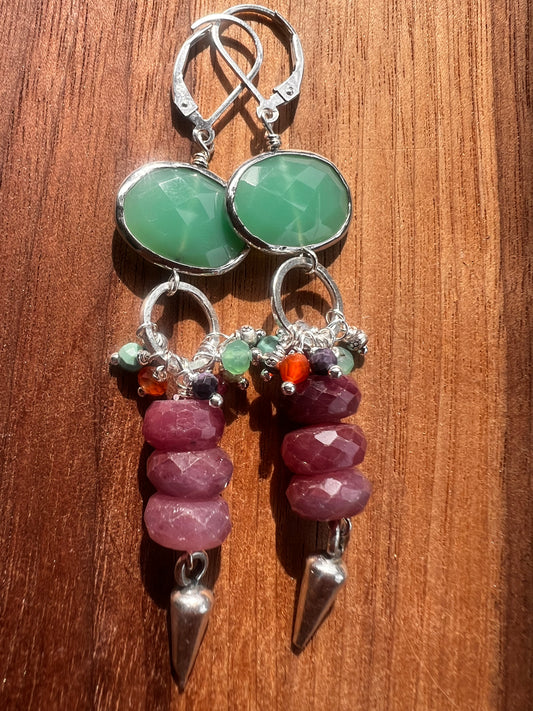 Oval Chrysoprase and Ruby Earrings Sterling silver