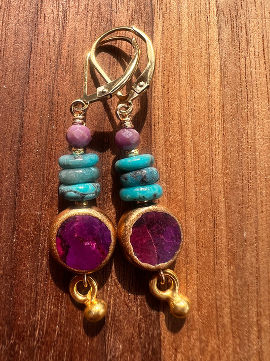 Purple Raindrop Dangle Earrings 22k Gold