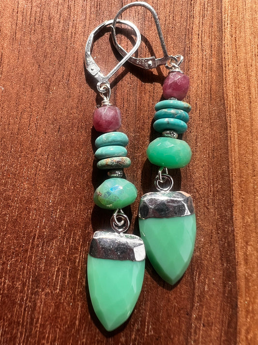 Chrysoprase and Ruby Shield Drop Earrings