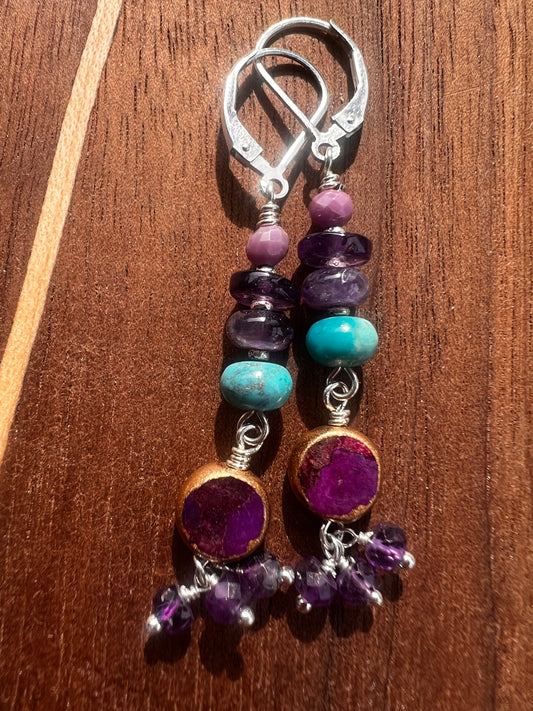 Phosphosiderite Amethyst Turquoise Round 3 drop Earrings