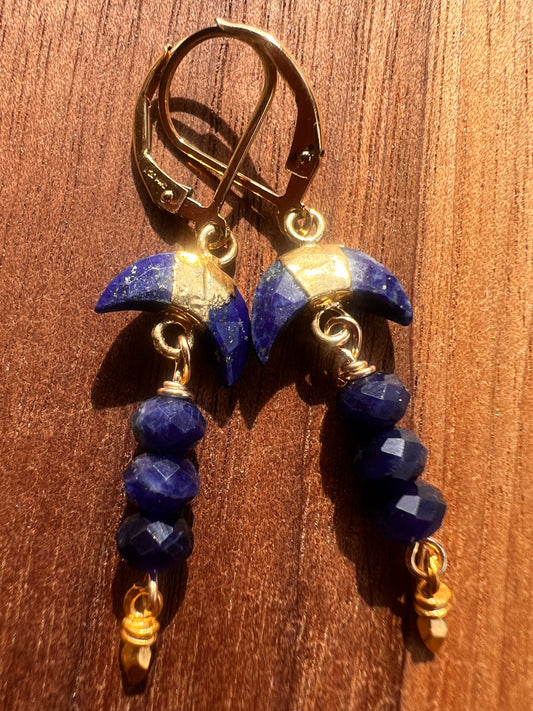 Gold and Lapis Crescent Earrings