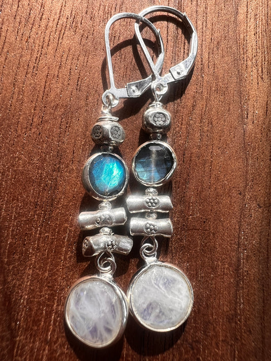 Labradorite and Rainbow Moonstone Drop Sterling Silver Earrings