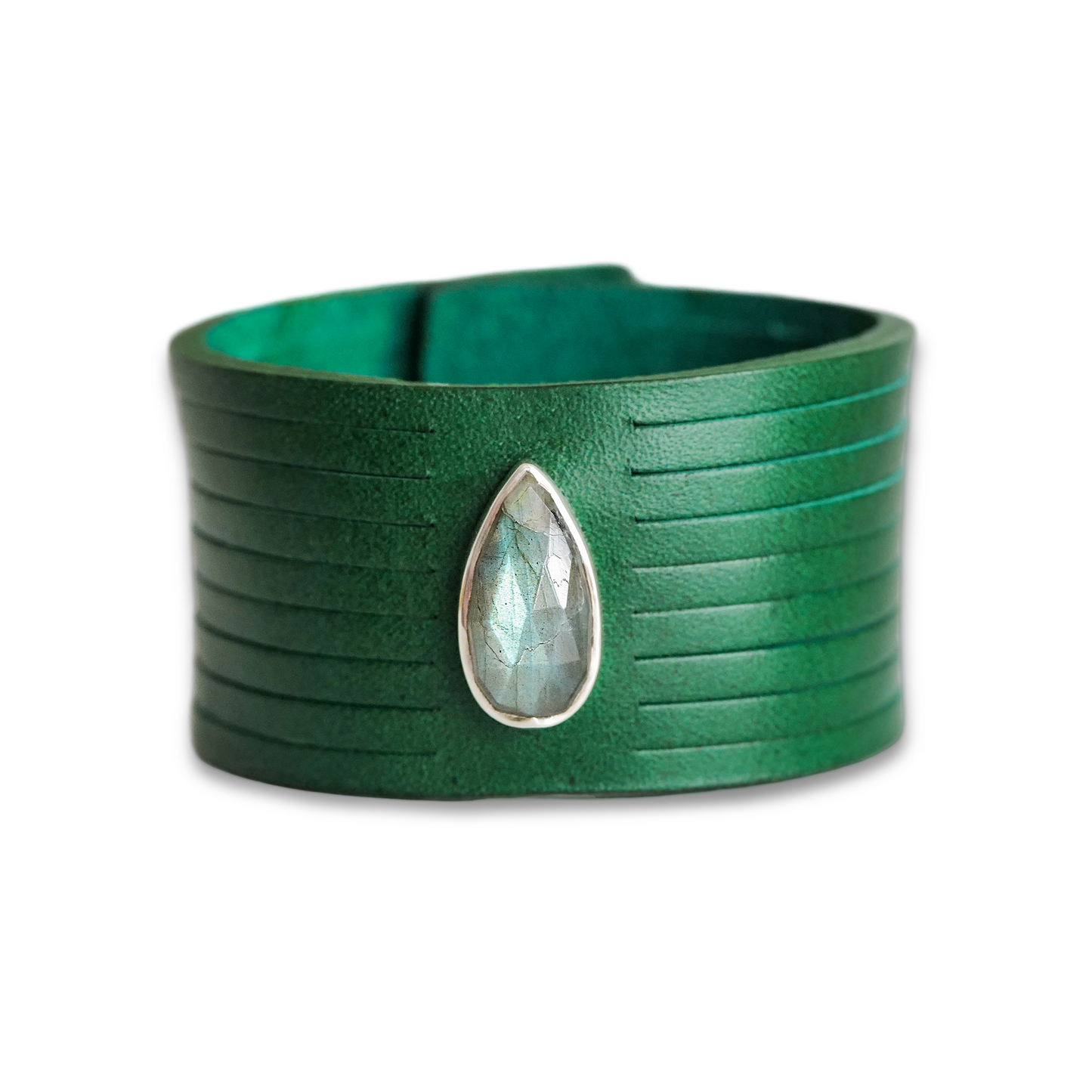 Snap Bracelet w/ Green Leather & Labradorite