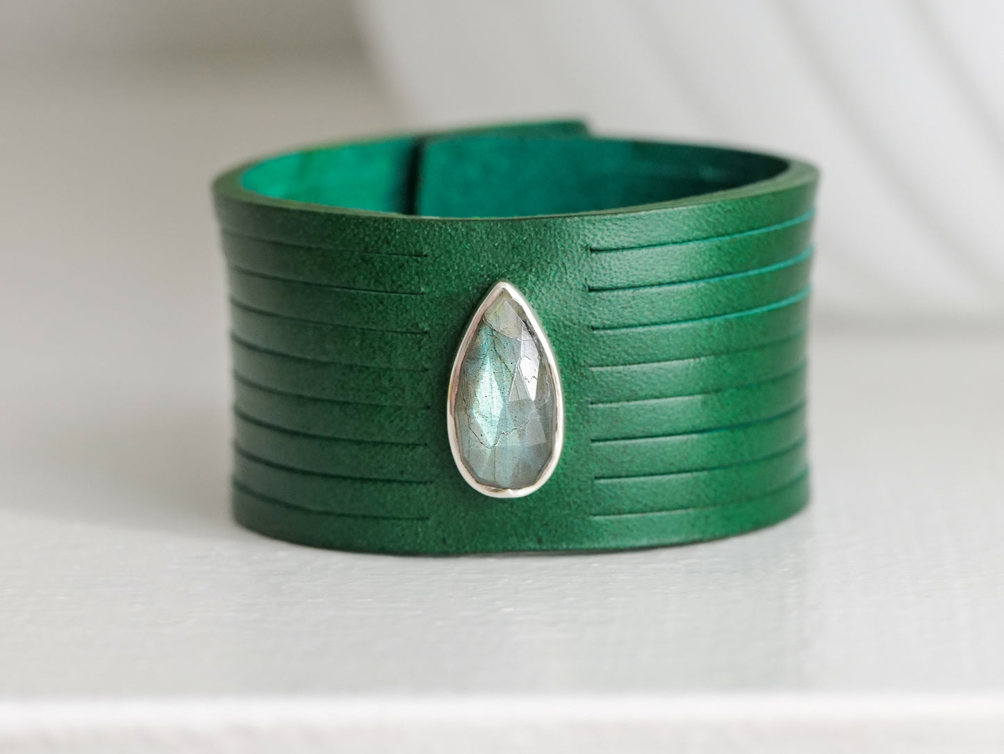 Snap Bracelet w/ Green Leather & Labradorite