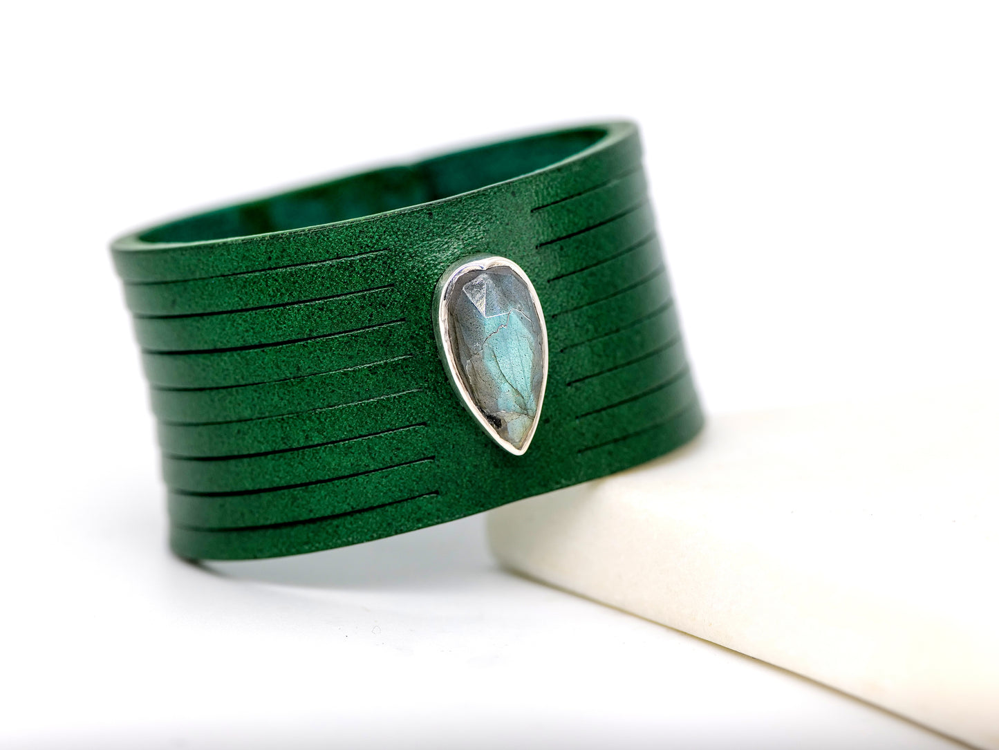 Snap Bracelet w/ Green Leather & Labradorite