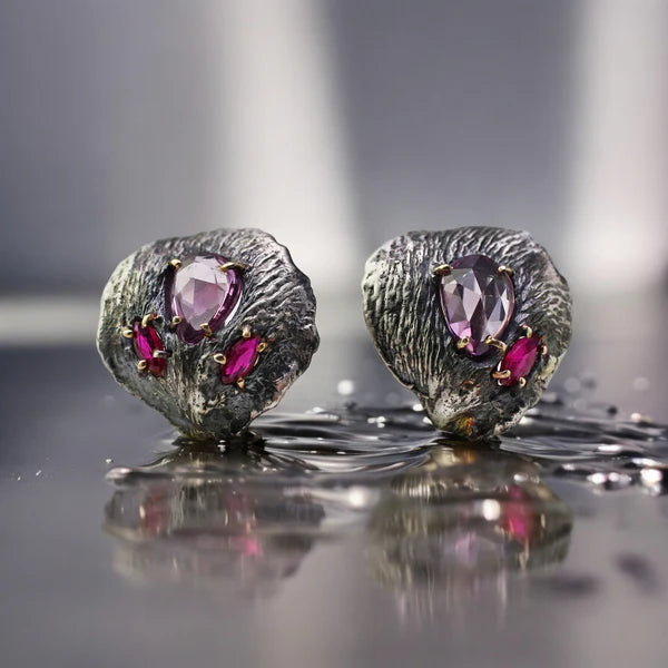 Sapphire and Ruby Petal Stud Earrings