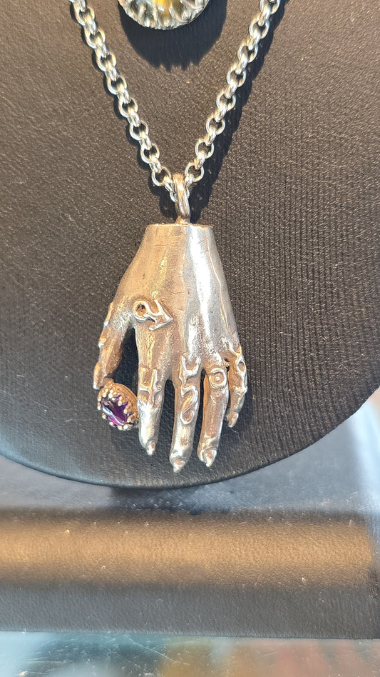 Sterling Alchemist Hand Necklace w/ Amethyst