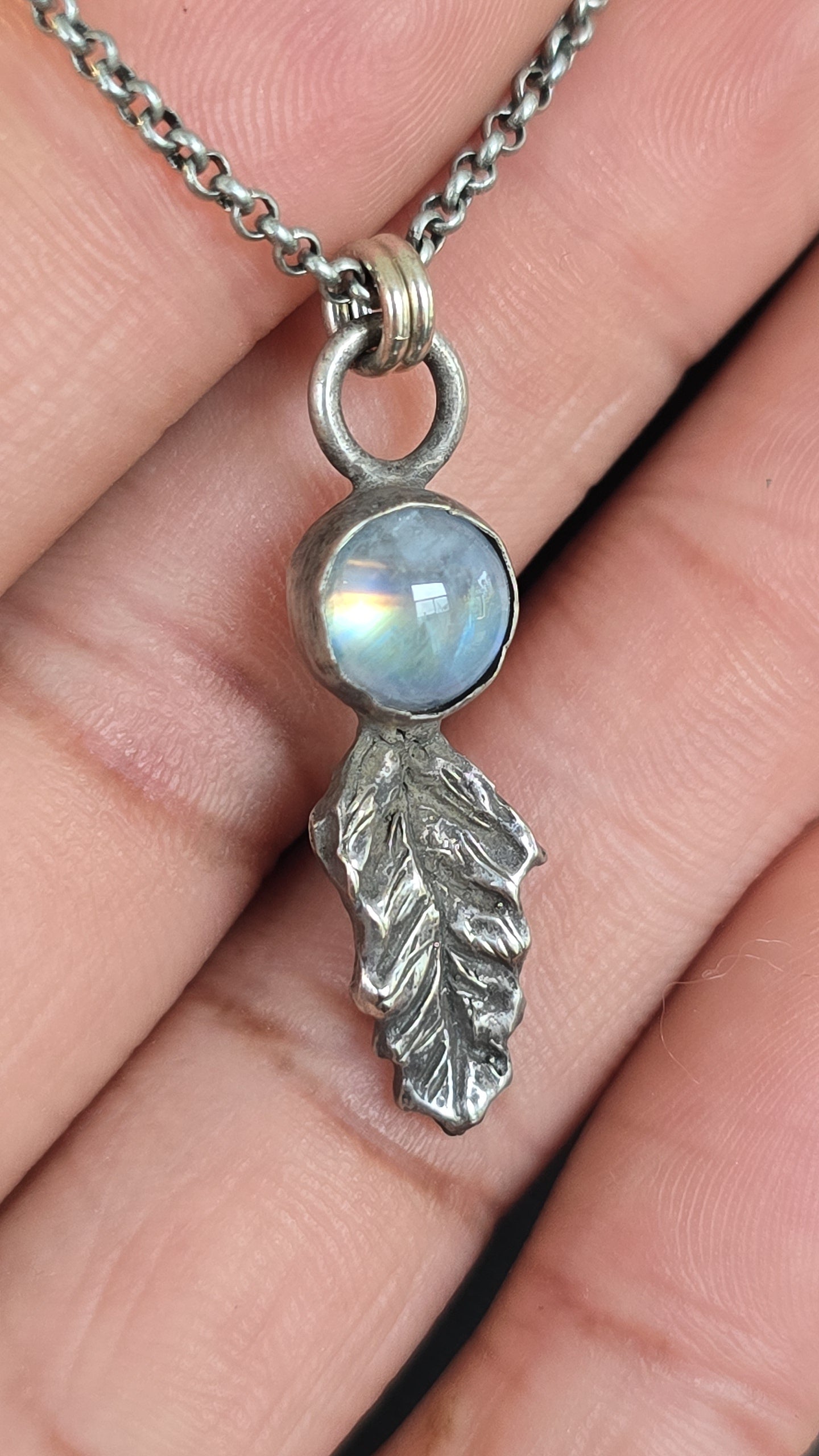 Sterling Rainbow Moonstone Leaf Pendant