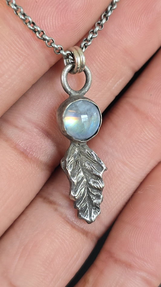 Sterling Rainbow Moonstone Leaf Pendant