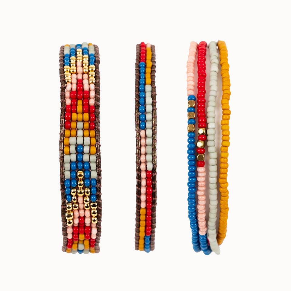 Layered Stripes Bead & Leather Bracelet: Deep Pop