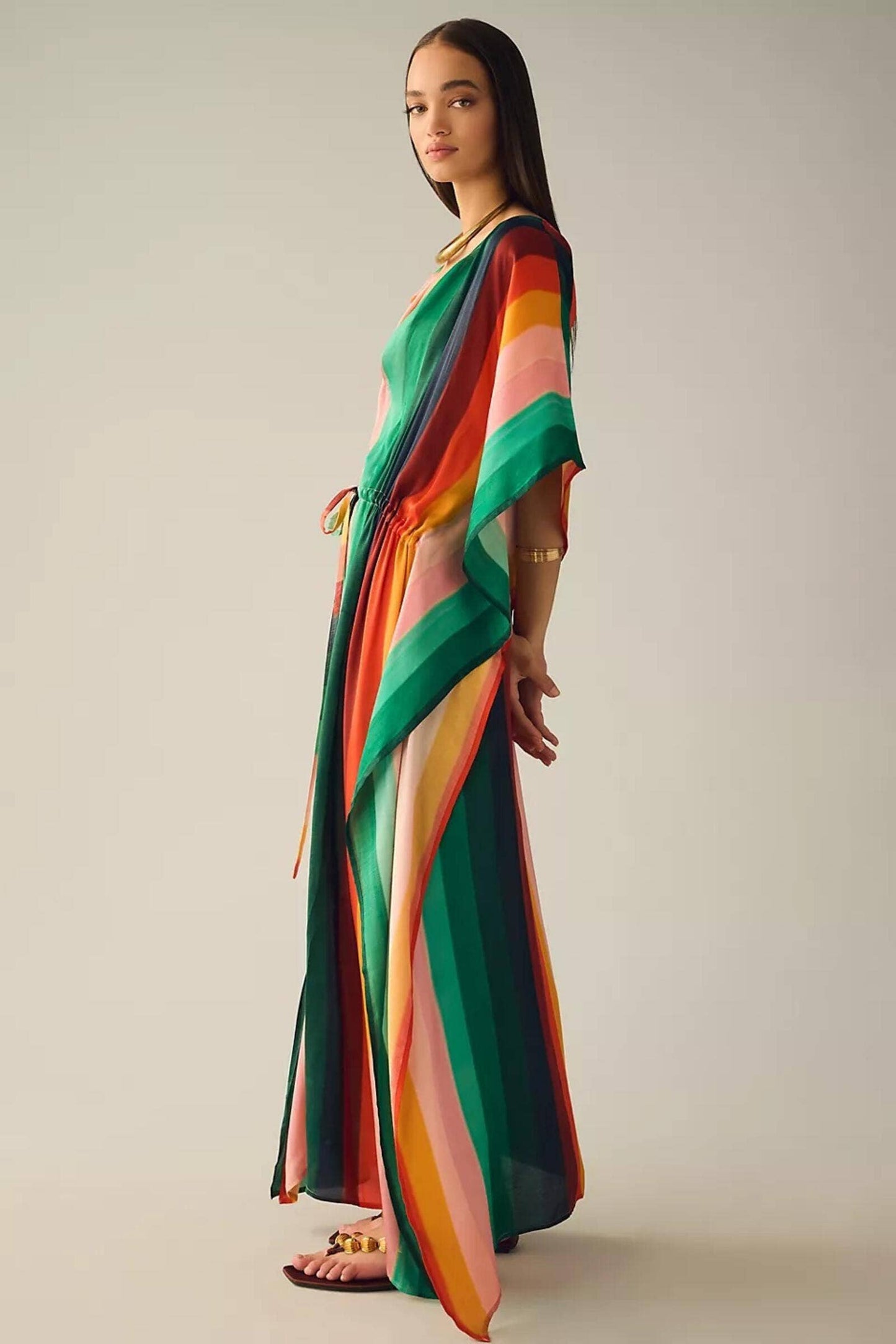 Multicolor Kaftan Striped Tie Waist: Multi-Colored