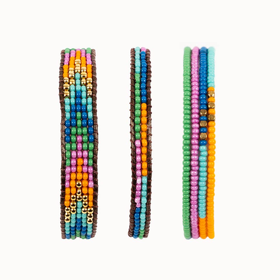 Layered Stripes Bead & Leather Bracelet: Deep Pop