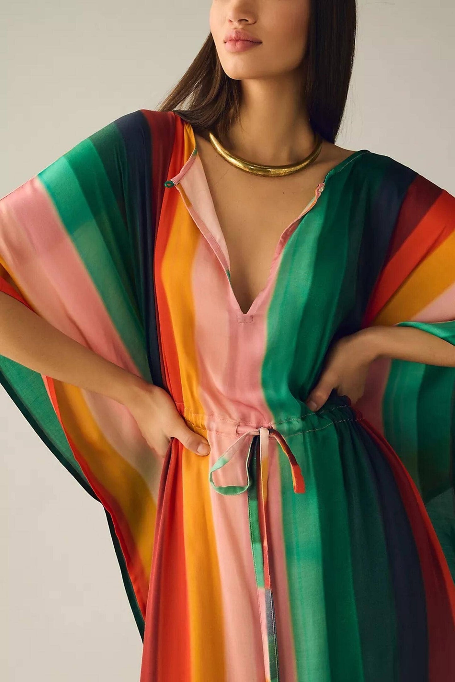 Multicolor Kaftan Striped Tie Waist: Multi-Colored