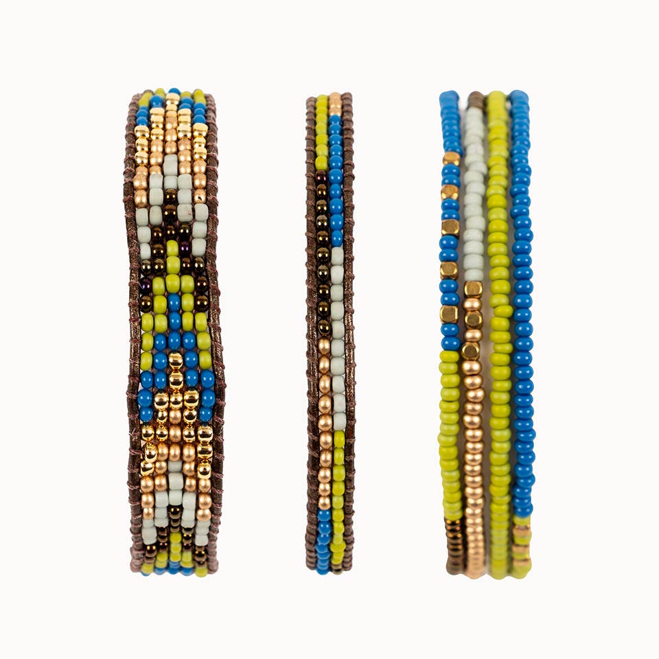 Layered Stripes Bead & Leather Bracelet: Deep Pop