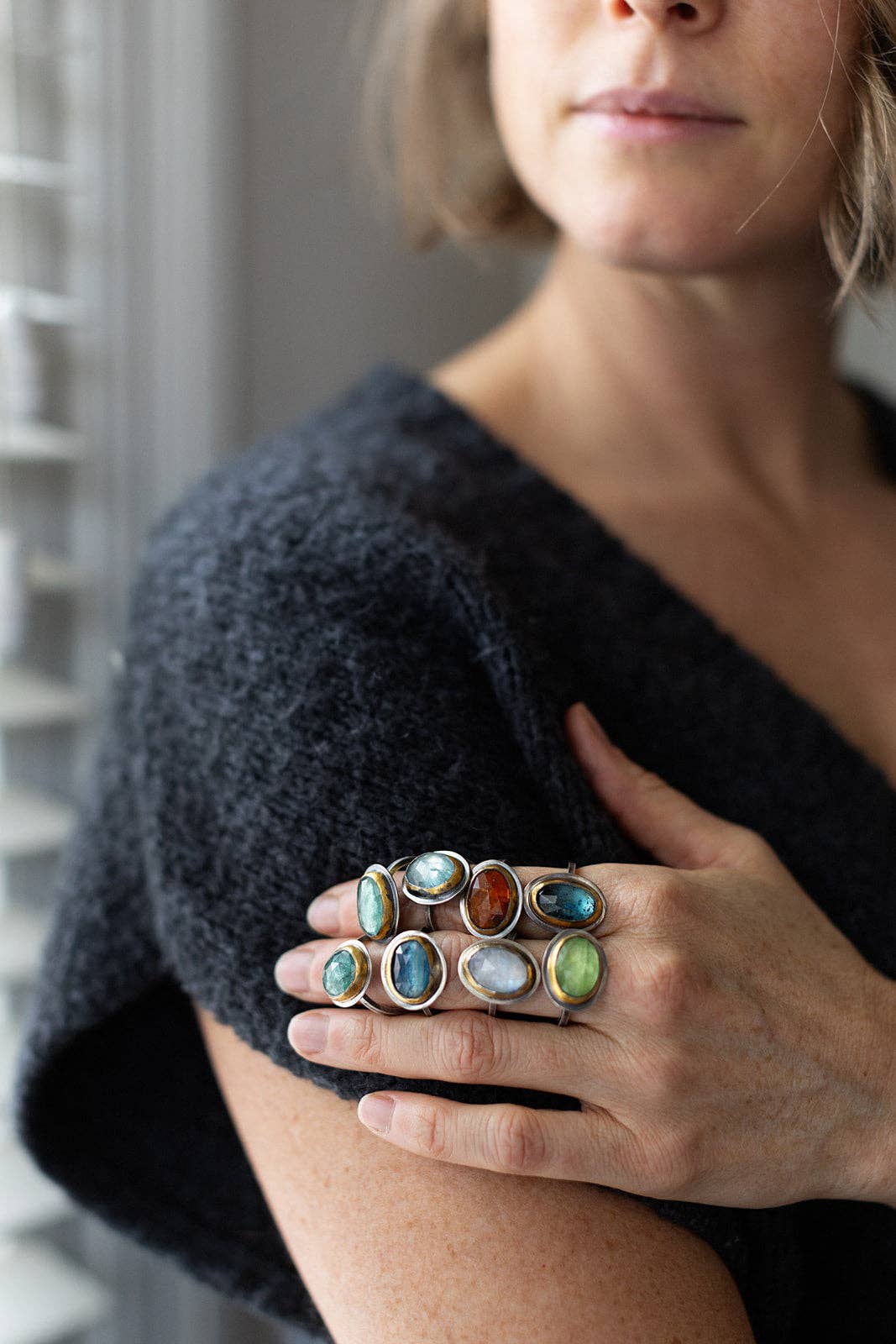 Crescent Rim Ring: Teal blue kyanite