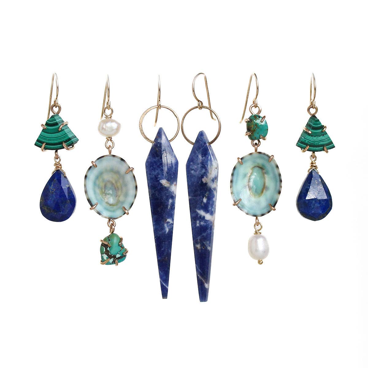 Green Limpet and Raw Turquoise Tier Earrings