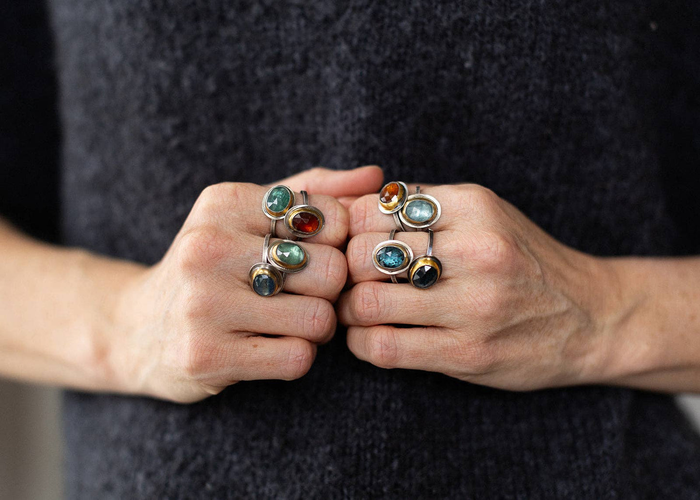 Crescent Rim Ring: Teal blue kyanite
