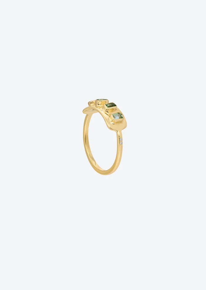Green Tourmaline Gold Sun Ring with Pave Diamonds 14K