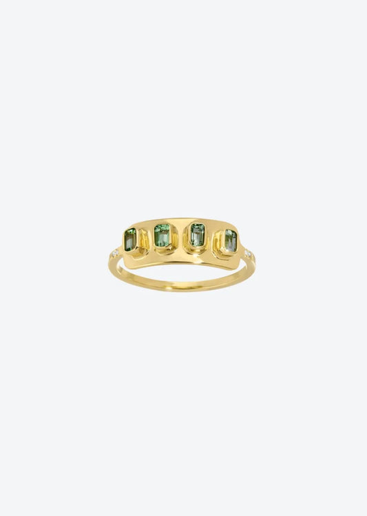 Green Tourmaline Gold Sun Ring with Pave Diamonds 14K
