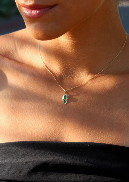 Emerald Hand Pendant Necklace 14K Gold Charm
