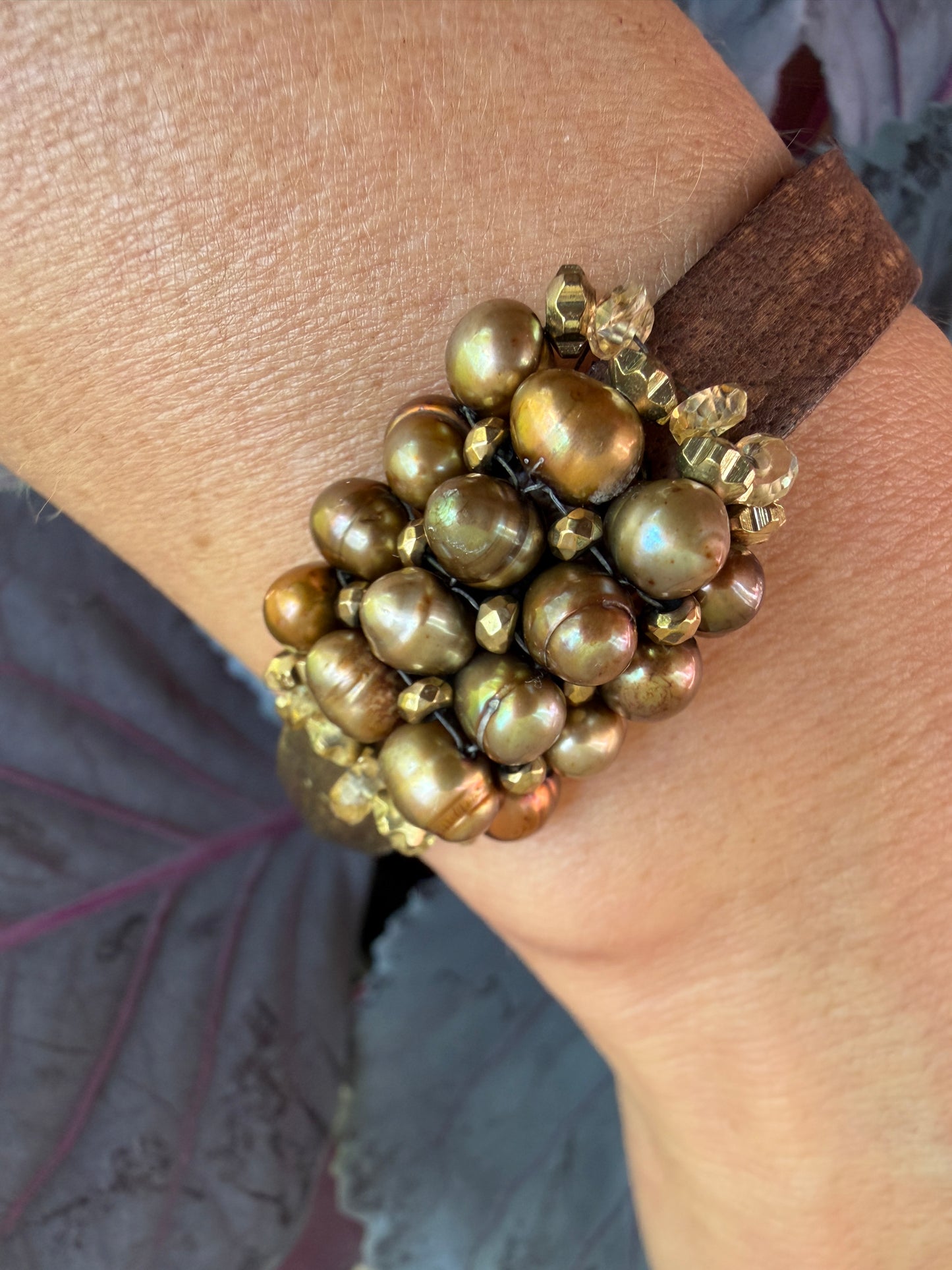 Hand Stitched Large Brown Pearls with Hematite and Vintage Brown Leather and Brass Magnetic Bracelet
