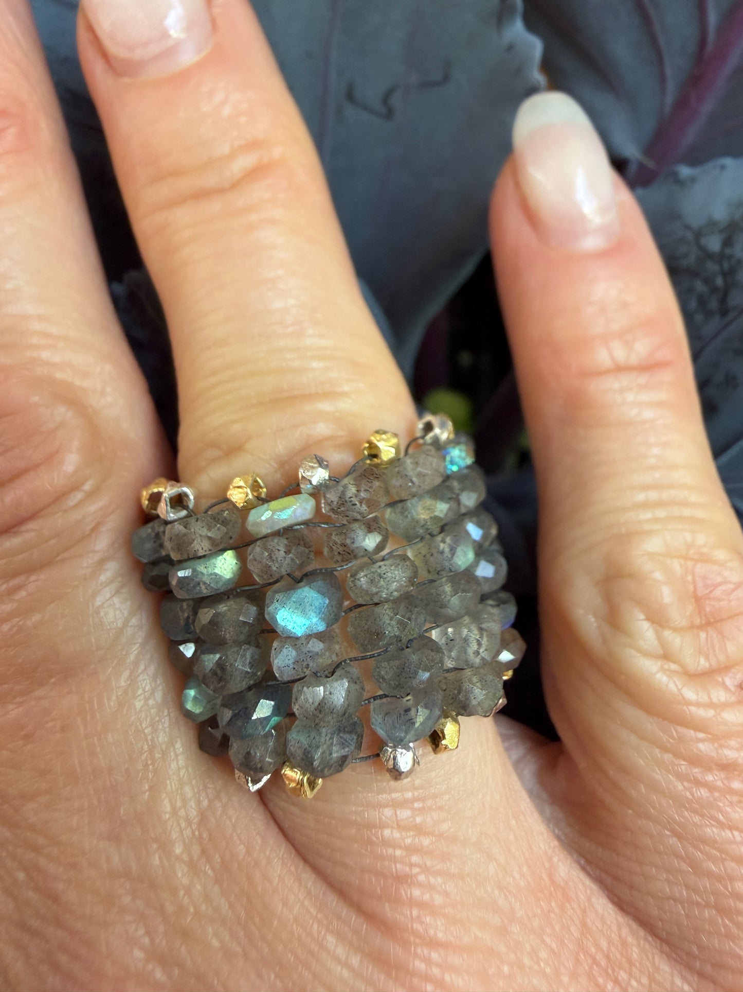 Hand Stitched Labradorite with Vermeil and Sterling Silver ring- 6 row