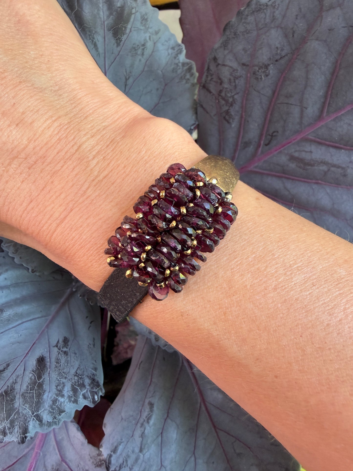 Hand Stitched Garnet Heishi, 18K with Vintage Black Leather and Brass Magnetic Bracelet