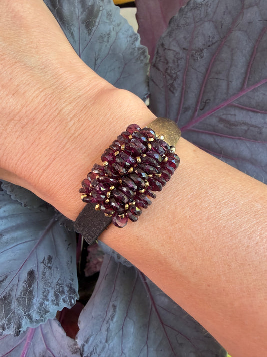 Hand Stitched Garnet Heishi, 18K with Vintage Black Leather and Brass Magnetic Bracelet