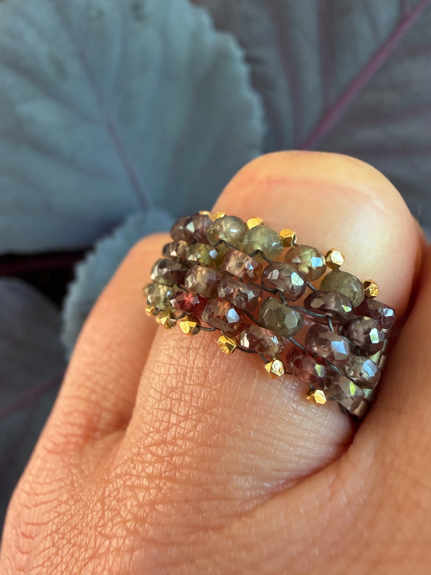 Hand Stitched Sapphire and Vermeil Ring- 4 row