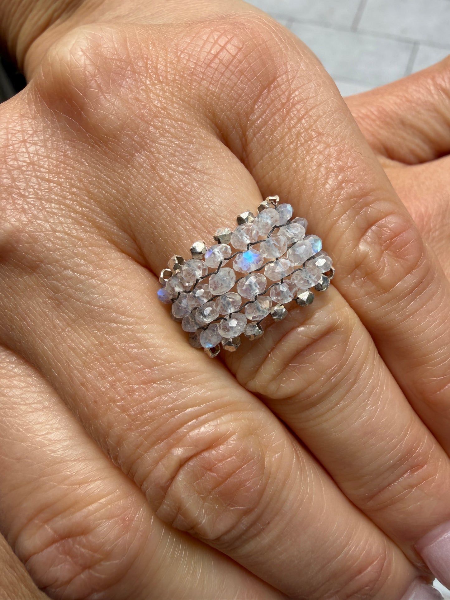 Hand Stitched Moonstone with Sterling Silver Trim - 4 Row
