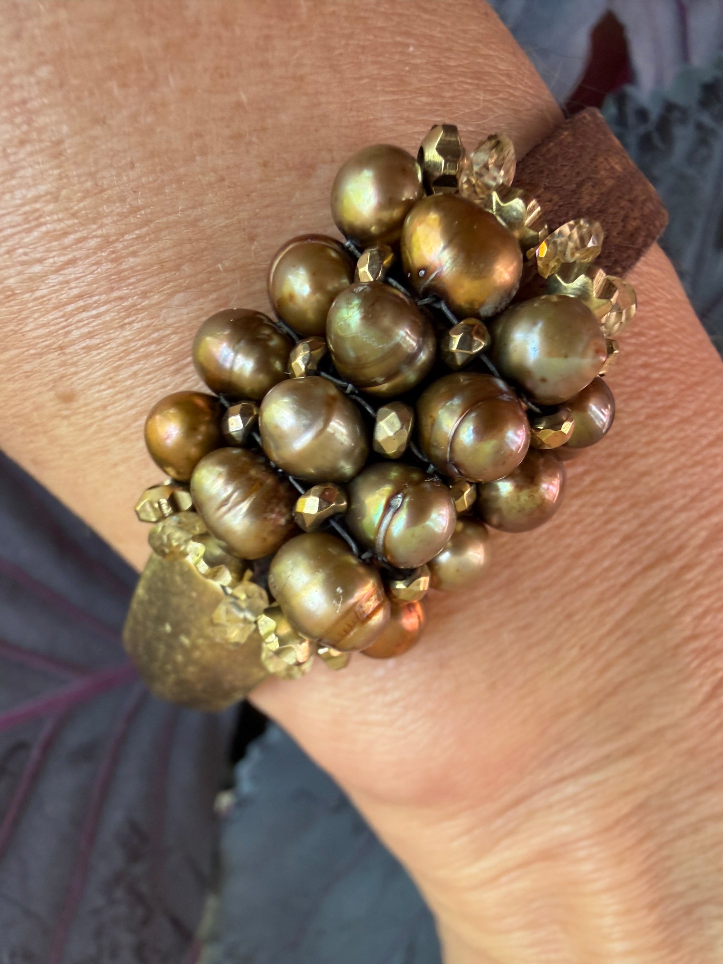 Hand Stitched Large Brown Pearls with Hematite and Vintage Brown Leather and Brass Magnetic Bracelet