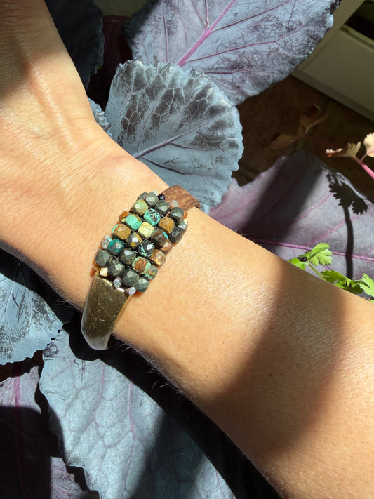Hand Stitched Turquoise and Pyrite Cubes with Vintage Leather and Brass Bracelet