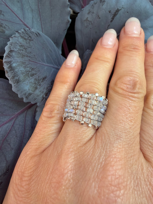Hand Stitched Moonstone with Sterling Silver Trim - 6 Row