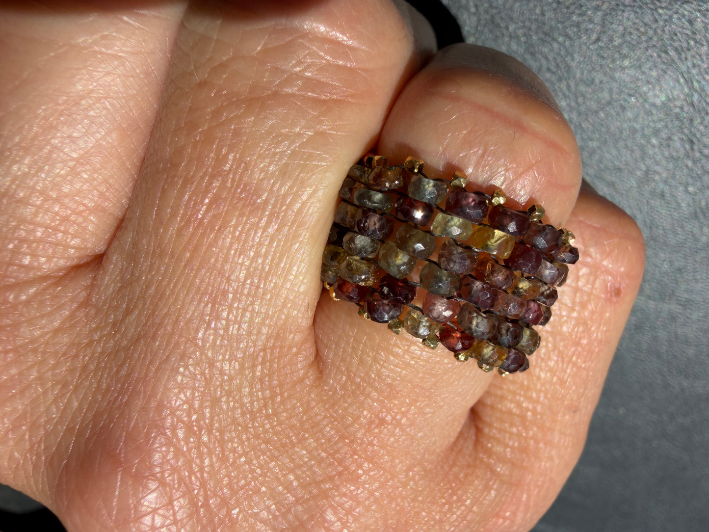 Hand Stitched Tundra Sapphire and Vermeil Ring- 6 row