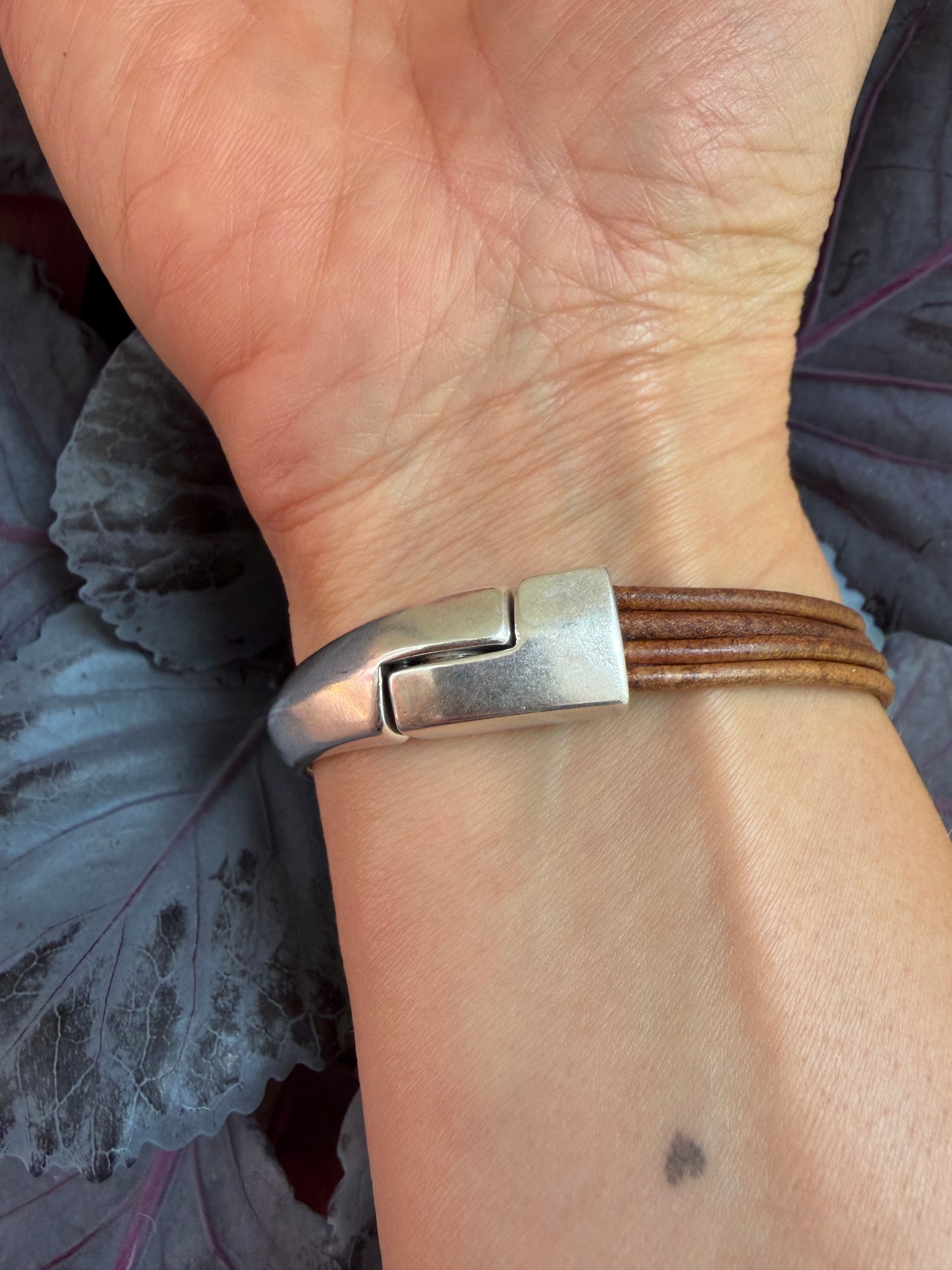 Hand Stitched Moss Opal and Leather Magnetic Bracelet
