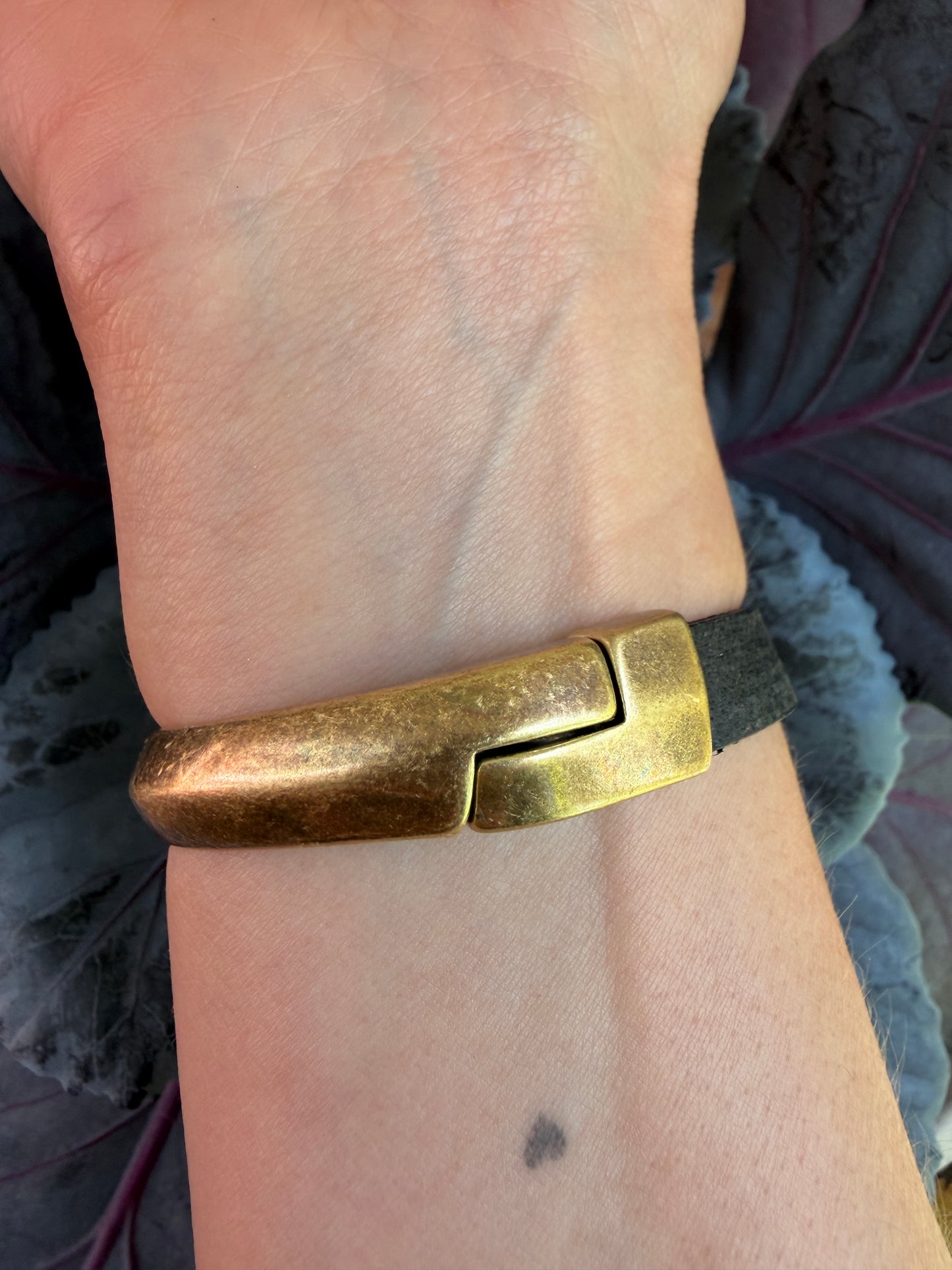 Hand Stitched Garnet Heishi, 18K with Vintage Black Leather and Brass Magnetic Bracelet