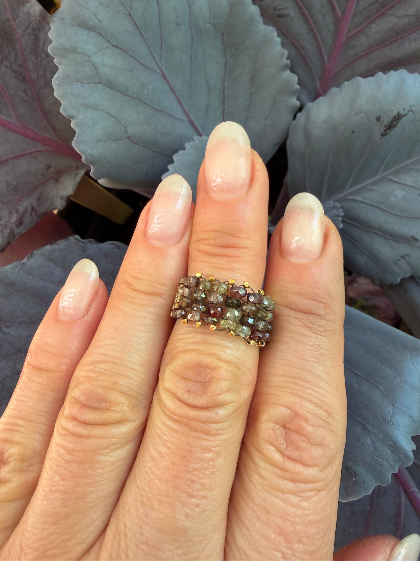 Hand Stitched Sapphire and Vermeil Ring- 4 row