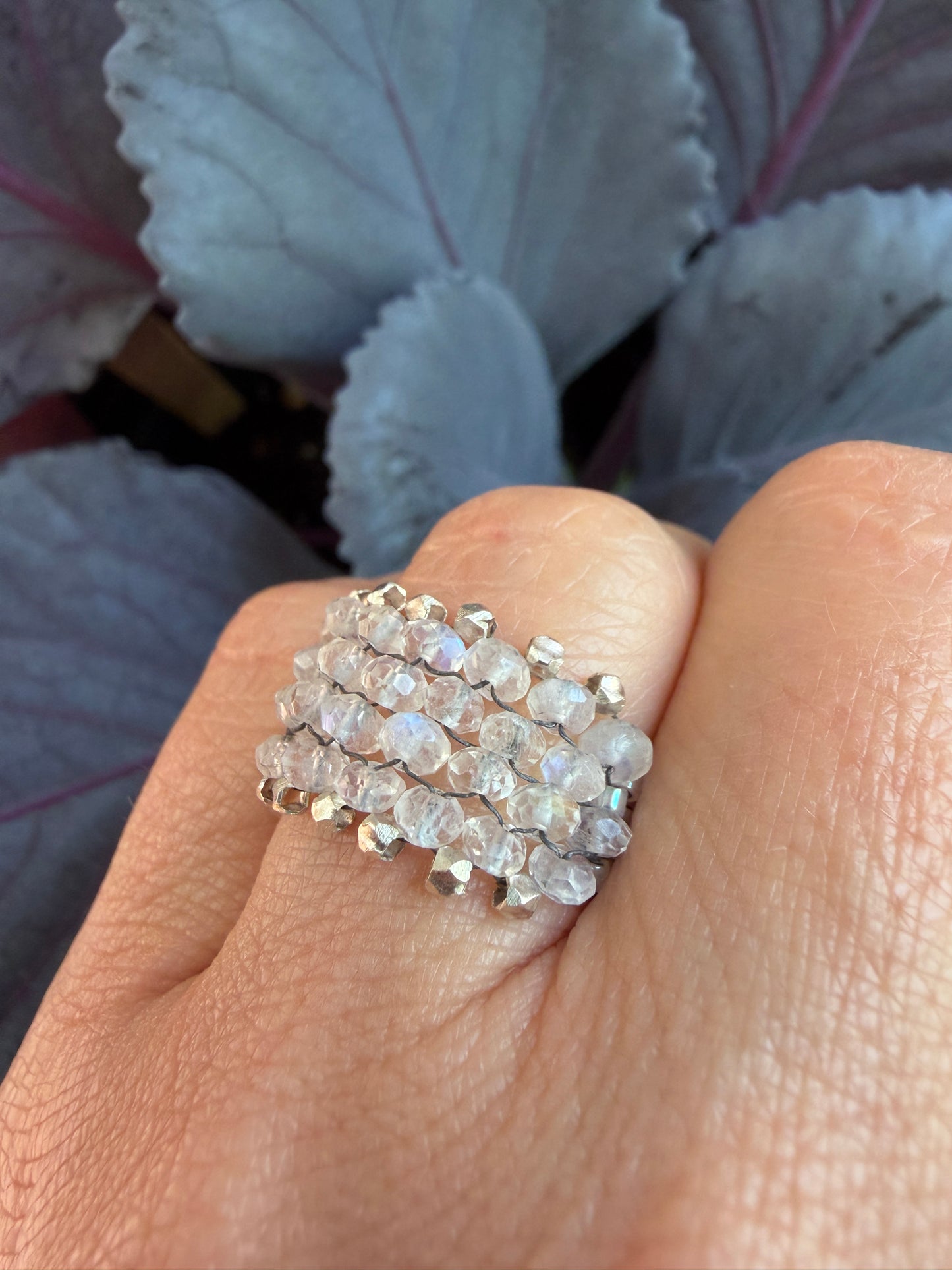 Hand Stitched Moonstone with Sterling Silver Trim - 4 Row