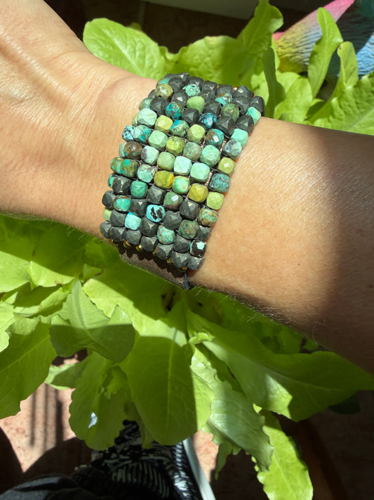 Hand Stitched Turquoise and Pyrite with Vintage Leather and Brass Bracelet